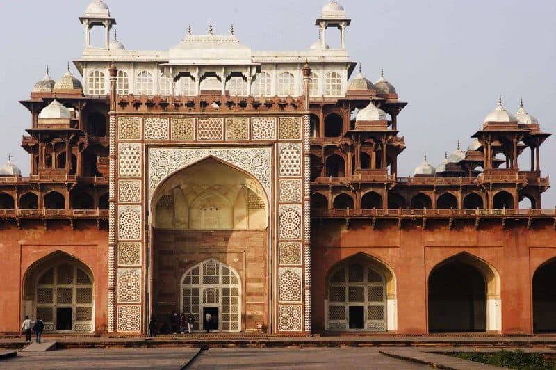 Akbar Mughal Emperor's multistory tomb from white marble and red sabdstone