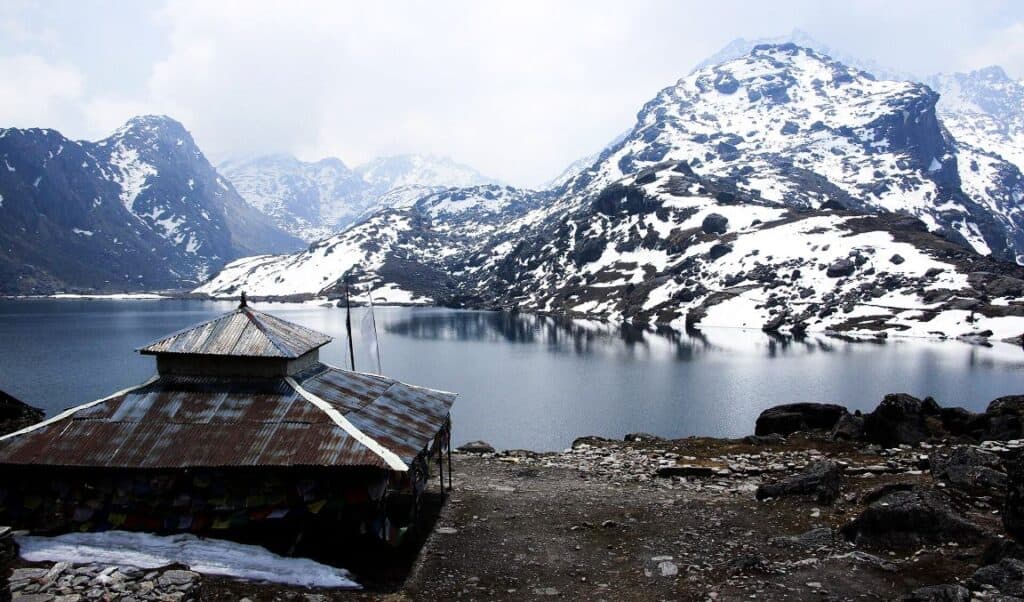Gosainkunda lake with snow in Nepal