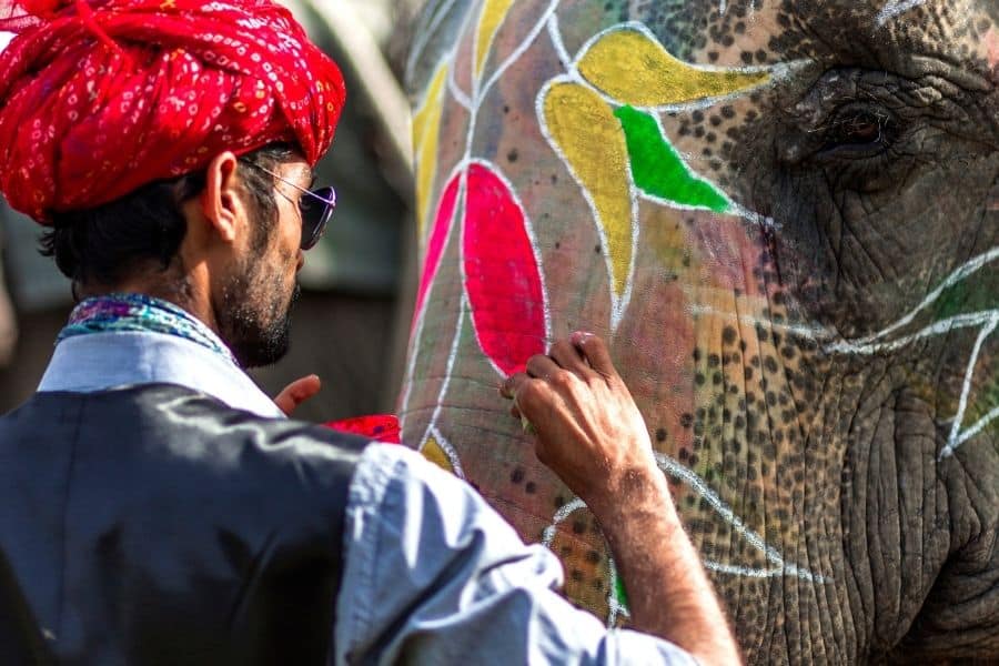 A man decorates the elephant with colorful painting in Jaipur