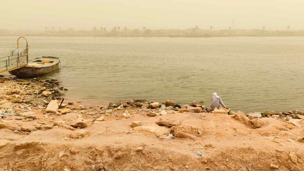 Shatt Al-Arab riverbank in Basra in sandstorm May 2022
