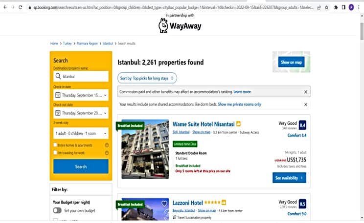 Wayaway flight aggregator book your hotel via bookin.com with cashback
