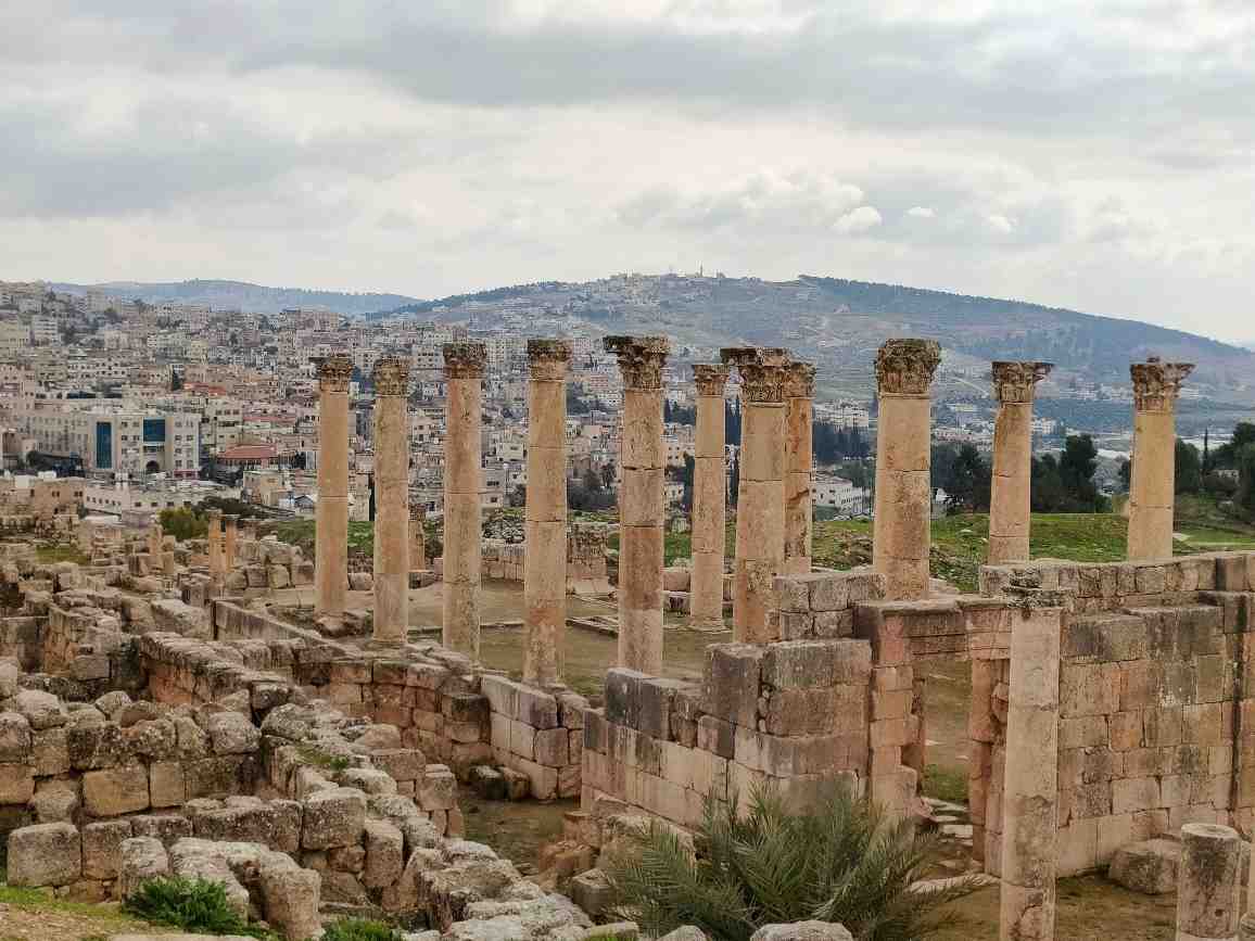 Jerash archeoligal site with the modern city in the background