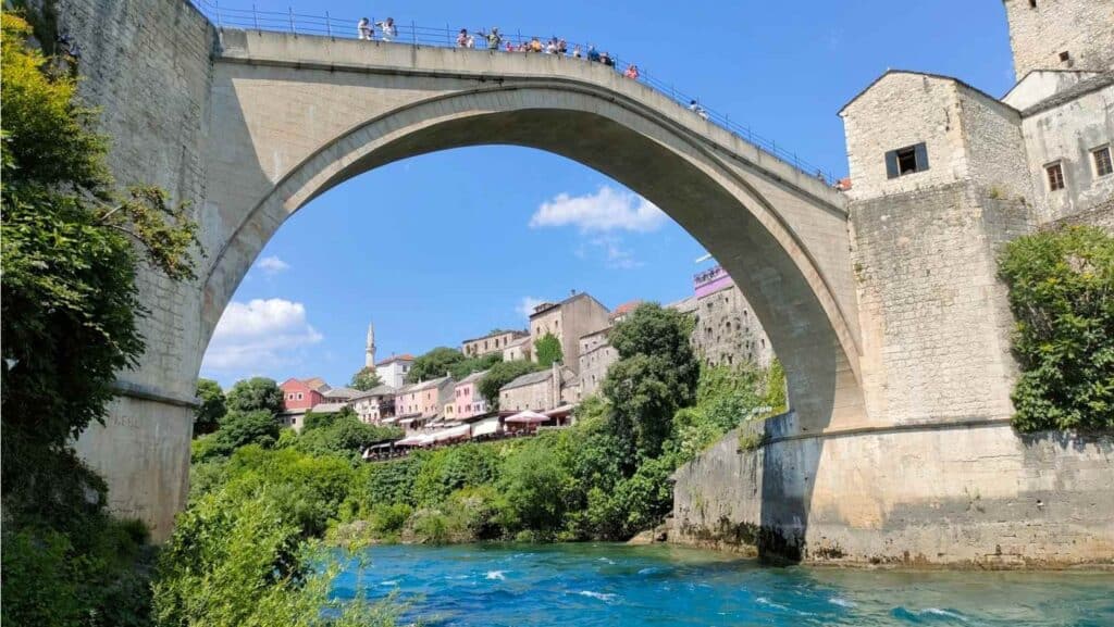View of the Old Bridge from the Neretva River in Mostar