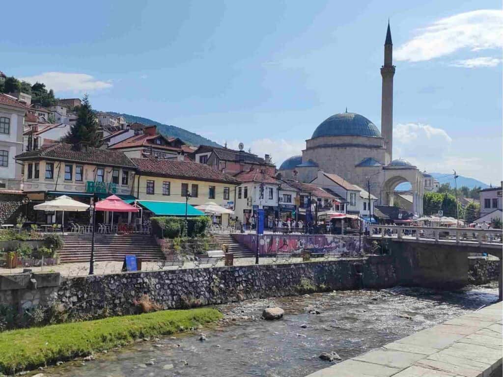 Prizren riverside restaurants with the Sinan Pasha mosque
