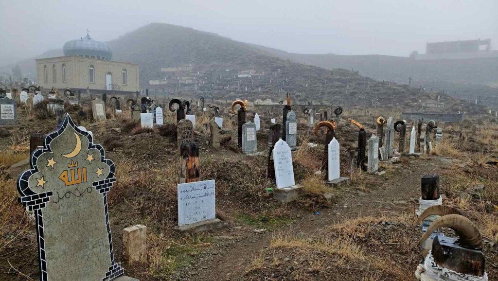 The cemetery in Nokhur village adorned with ram's horns 